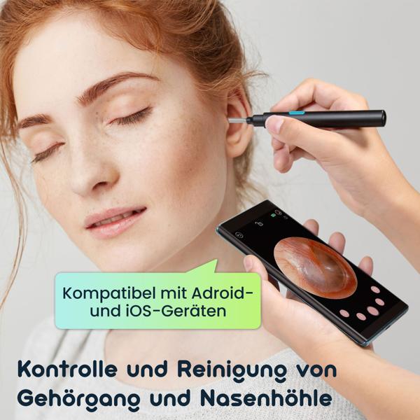 WLAN Ohrreiniger mit HD-Kamera, schwarz, IP67, für Android/iOS – Kabellos, Akku, inklusive 5 Ohrlöffel, sichere Ohrreinigung