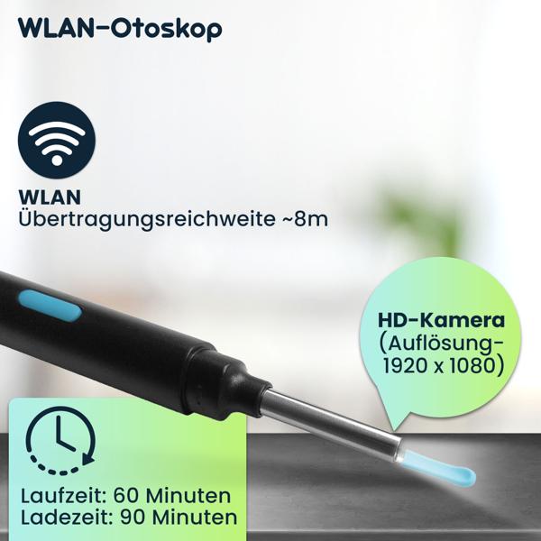 WLAN Ohrreiniger mit HD-Kamera, schwarz, IP67, für Android/iOS – Kabellos, Akku, inklusive 5 Ohrlöffel, sichere Ohrreinigung