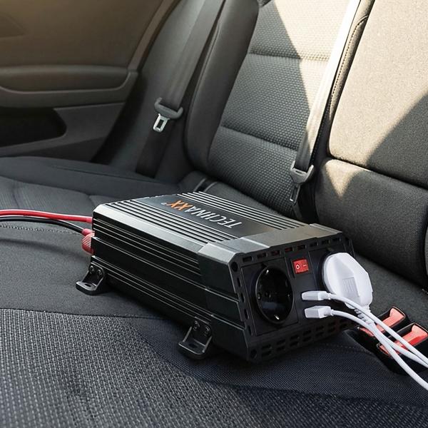 600/1200W Kfz-Wechselrichter 12V auf 230V – 2 Steckdosen & 2 USB-Ladeports, Spannungswandler für unterwegs