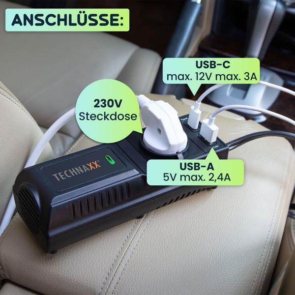 Leistungsstarker Kfz-Wechselrichter 12V auf 230V mit Steckdose & 2 USB-Ports, ideal für Auto, Camping & Reisen, zuverlässige Stromversorgung