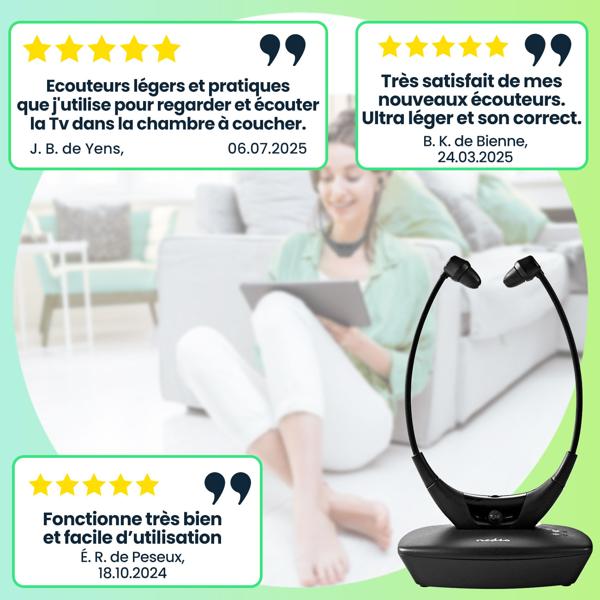 Casque TV Stéthoscopique Sans Fil - Son Net, Grand Confort, Léger, Ergonomique, Noir - Portée 35m, Autonomie 4-5h, Recharge Rapide 1.5h