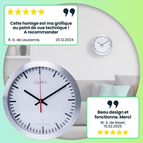 2 horloges murales radio-pilotées Ø 25 cm – mouvement à quartz précis, corps élégants en aluminium, design moderne – silencieuses, à pile