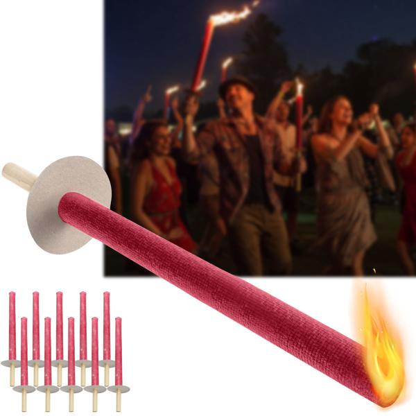 Wachsfackeln 10er-Set - Gartenfest Hochzeit Nachtwanderung Camping Dekoration - Holzgriff Handschutzteller - 60 Min. Brenndauer - 35cm rot-braun