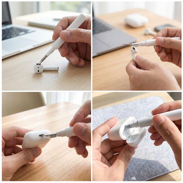 Stylo de nettoyage pour écouteurs intra-auriculaires - Kit 3-en-1 avec brosse, éponge, pointe - Optimise son, hygiène, prolonge durée de vie AirPods
