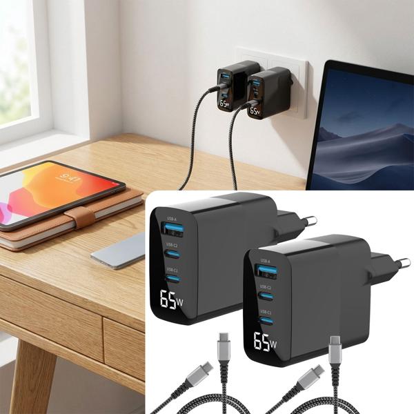 2er Set USB Ladegerät inkl. Ladekabel USB-C auf USB-C, 65 Watt, 2 USB-C Ports - 1 USB-A Port, Netzteil / Stecker für Notebook, MacBook, iPad, iPhone, Samsung