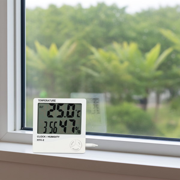 Hygromètre Thermomètre Digital - Sonde Extérieure 2m - Horloge Réveil LCD Blanc - Mesure Température Humidité - Protection Moisissures - Plage Température -50 à 70 °C