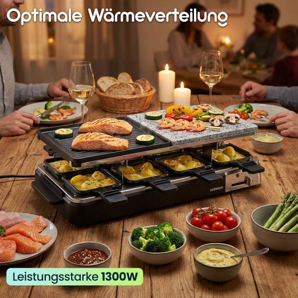 Elegantes Raclette-Set für 8 Personen (1300W) – Grill- und Steinplatte, Antihaftbeschichtung, Thermostat, Anthrazit – Hochwertiger Tischgrill für gesellige Abende