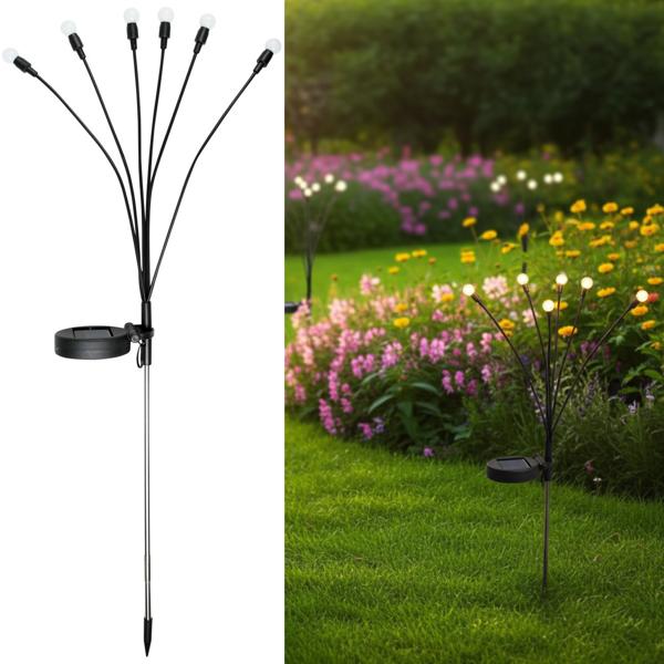 LED solar garden light “Glowworm“ with 6 arms, movable LEDs, stainless steel, IP44, ground spike, black, for magical lighting effects