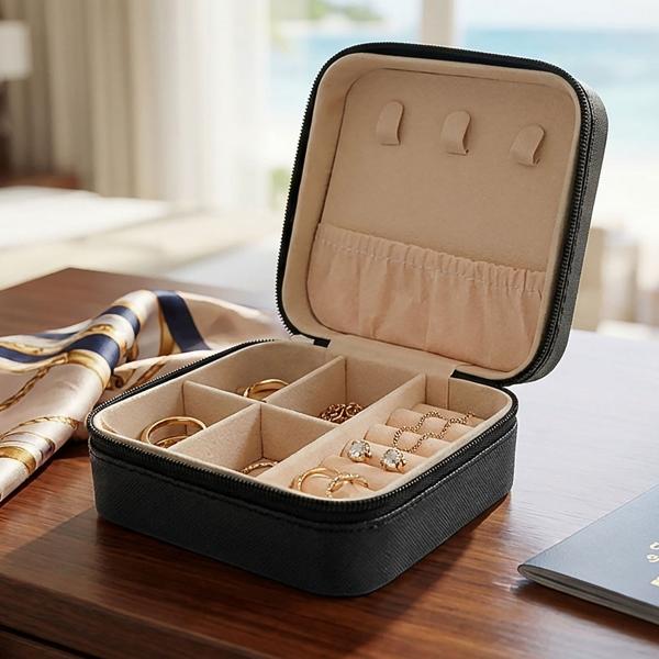 Boîte à bijoux de voyage élégante - Protection anti-rayures idéale, transport sécurisé, rangement organisé - Noir-beige, 9,5x9,5x5 cm, 4 compartiments