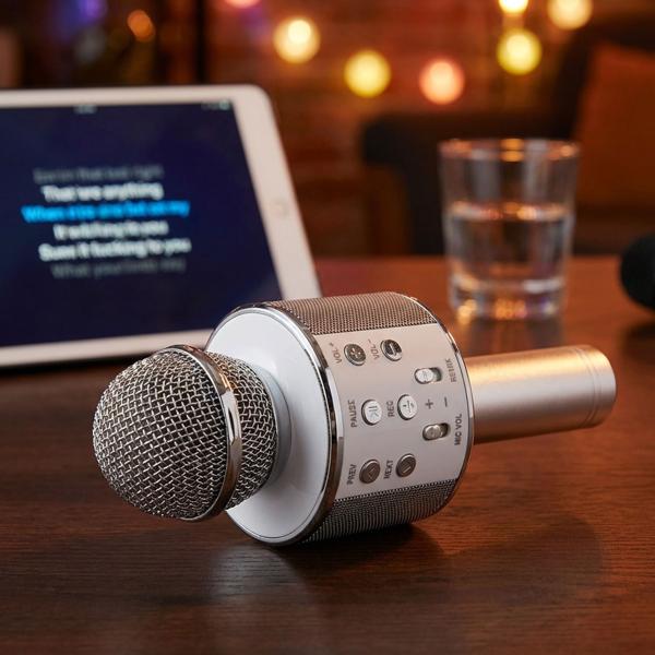 Kabelloses Karaoke-Mikrofon mit Lautsprecher - Singen, Aufnehmen, Party - Bluetooth, 4h Akku, Stimm-Effekte, Echo, Android/iOS, Spotify/YouTube, 3W, 600mAh, Silber