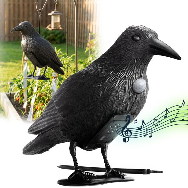 Realistische Vogelabwehr Krähe mit Sound: Batteriebetriebener Raben Vogelschreck für effektive Vogelabwehr. Natürliche Krähengeräusche zur Abschreckung