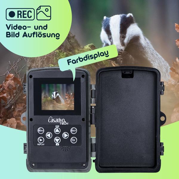 Full-HD-Wildkamera 24 MP mit 3 Bewegungssensoren, Nachtsicht, Serienbild- & Zeitraffer-Funktion, Farbdisplay, wetterfest, inkl. Akku Solarpanel, 3000 mAh
