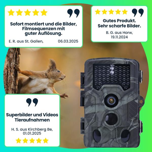 Full-HD-Wildkamera 24 MP mit 3 Bewegungssensoren, Nachtsicht, Serienbild- & Zeitraffer-Funktion, Farbdisplay, wetterfest, inkl. Akku Solarpanel, 3000 mAh