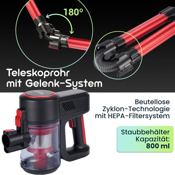Akku-Handstaubsauger & Bodensauger 2in1 mit Elektrobürste: 18 kPa Saugkraft, beutellos, 2 Modi – Schmutz & Staub einfach verschwinden lassen