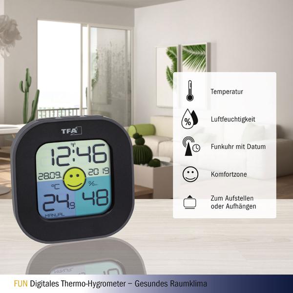 Digitales Thermo-Hygrometer – Misst Temperatur & Luftfeuchtigkeit, Komfortzonenanzeige – DCF77 Funkuhr, Datum, Höchst-/Tiefstwerte, Schwarz, Kompakt