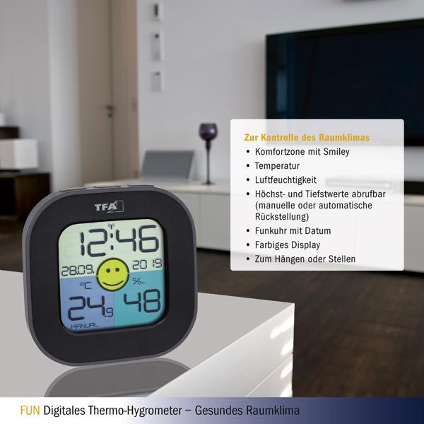 Digitales Thermo-Hygrometer – Misst Temperatur & Luftfeuchtigkeit, Komfortzonenanzeige – DCF77 Funkuhr, Datum, Höchst-/Tiefstwerte, Schwarz, Kompakt