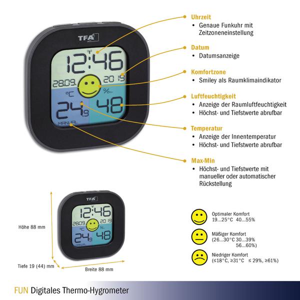 Digitales Thermo-Hygrometer – Misst Temperatur & Luftfeuchtigkeit, Komfortzonenanzeige – DCF77 Funkuhr, Datum, Höchst-/Tiefstwerte, Schwarz, Kompakt