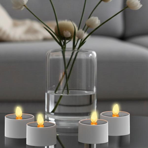 Lot de 4 bougies à réchaud LED solaires – blanc chaud – IP44, avec capteur crépusculaire – sans fil, basse consommation – pour jardin, balcon, décoration