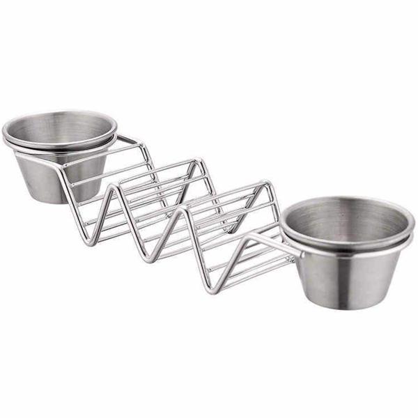 Taco holder with 2 stainless steel sauce bowls