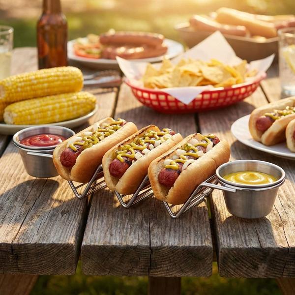 Porta-taco e sandwich – 2 ciotoline per salse e supporto per 3 pezzi – acciaio inox, adatto a forno e grill fino a 260°C, lavabile in lavastoviglie – 28,5x6,3x4cm