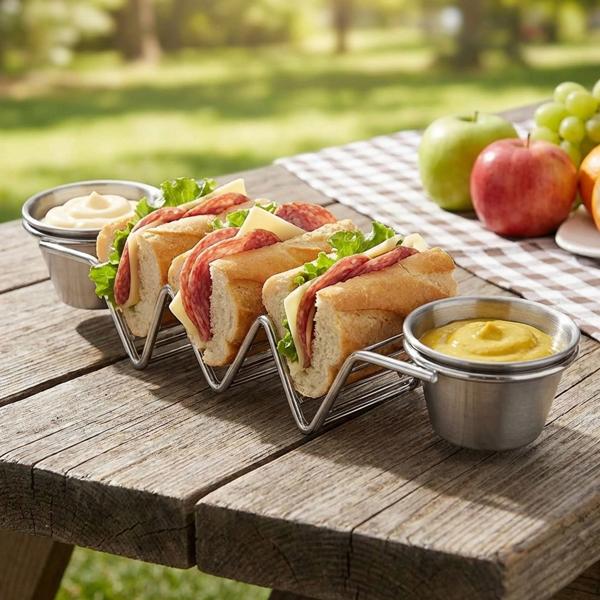 Porta-taco e sandwich – 2 ciotoline per salse e supporto per 3 pezzi – acciaio inox, adatto a forno e grill fino a 260°C, lavabile in lavastoviglie – 28,5x6,3x4cm