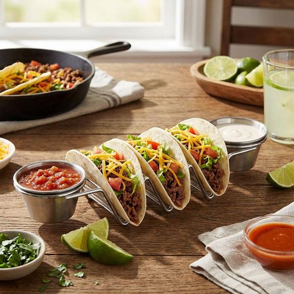 Porta-taco e sandwich – 2 ciotoline per salse e supporto per 3 pezzi – acciaio inox, adatto a forno e grill fino a 260°C, lavabile in lavastoviglie – 28,5x6,3x4cm