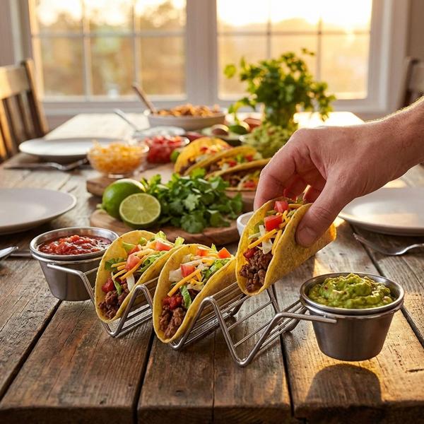 Porta-taco e sandwich – 2 ciotoline per salse e supporto per 3 pezzi – acciaio inox, adatto a forno e grill fino a 260°C, lavabile in lavastoviglie – 28,5x6,3x4cm