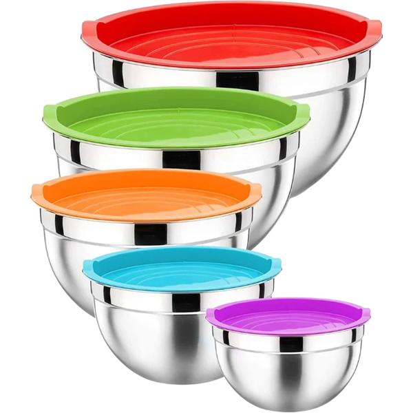 Stainless steel mixing bowl set with silicone lid, 5 sizes