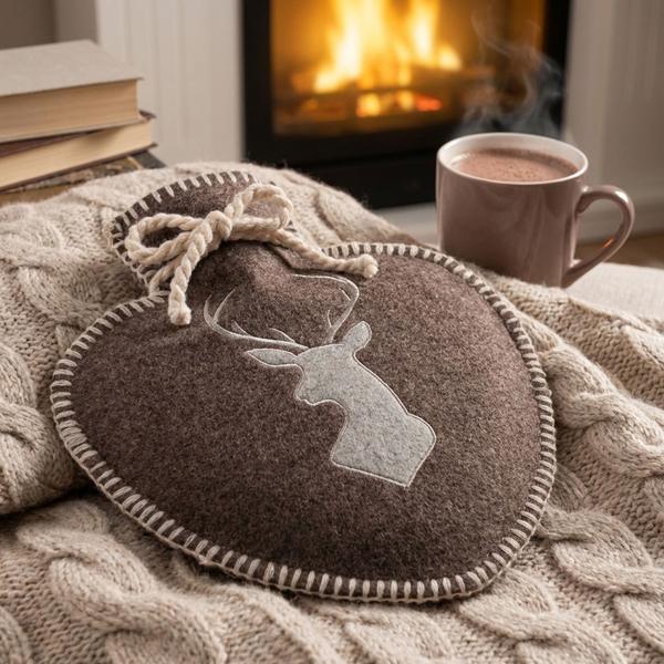 Wärmflasche Herzform Hirsch-Design - 600ml Kapazität - Ideal für kuschelige Wärme & Schmerzlinderung - Robustes Polyester braun/grau 27x24cm