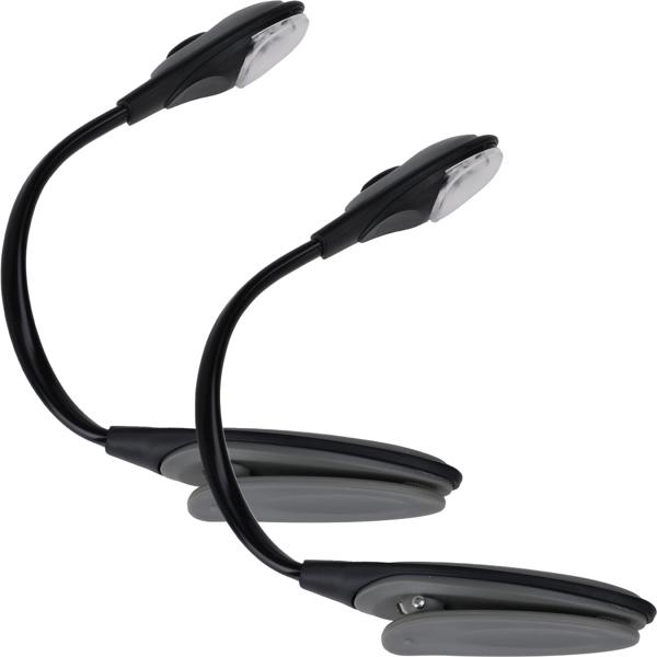 Set of 2 compact book reading lamps with practical clip – Flexible gooseneck for ideal lighting – Battery operated – For relaxed reading