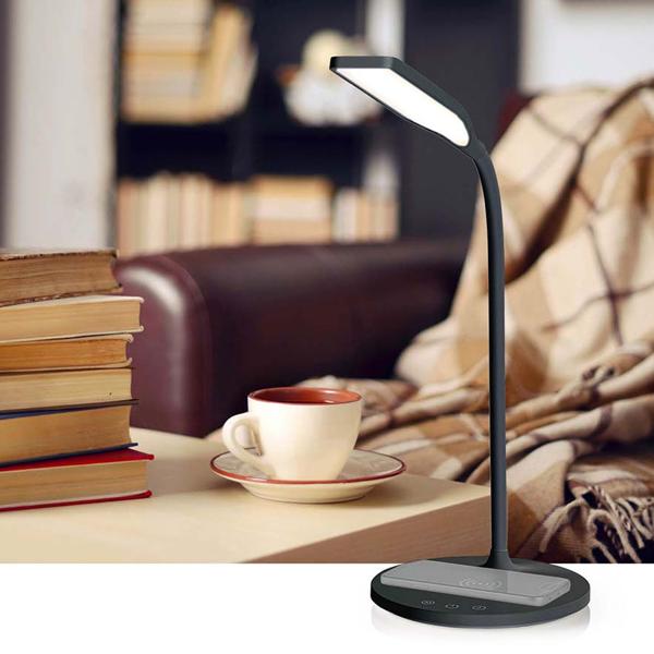 Lampe de bureau LED à intensité variable avec chargeur Qi, 15W, noir - Chargement sans fil & lumière flexible pour votre poste de travail