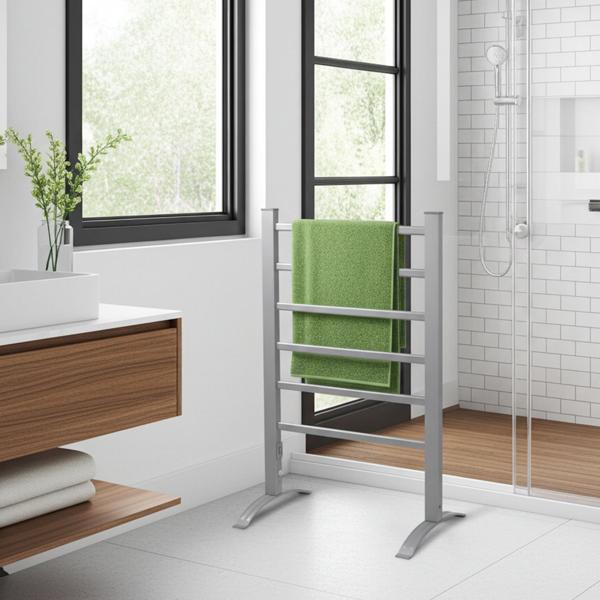 Elektrischer Handtuchtrockner aus Aluminium, weiss, 100 Watt, mit 6 Heizstäben, Inklusive Fussstütze und Wandhalterung, für wohlige wärme