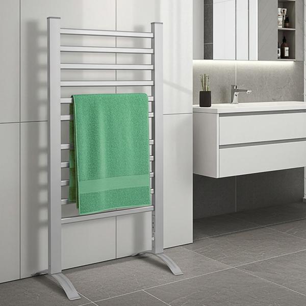Electric towel dryer made of aluminum, silver, 150 watts, with 10 heating rods, including footrest and wall bracket, for cosy warmth