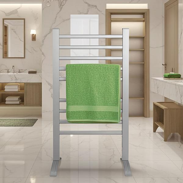 Electric towel dryer made of aluminum, silver, 150 watts, with 10 heating rods, including footrest and wall bracket, for cosy warmth