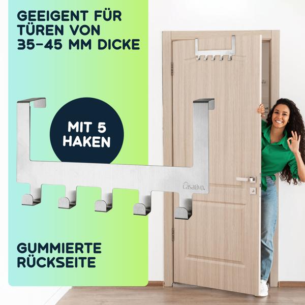 Robuste Edelstahl-Türgarderobenleiste mit 5 Kleiderhaken, platzsparende Aufbewahrung für Jacken, Mäntel, Handtücher u.v.m.