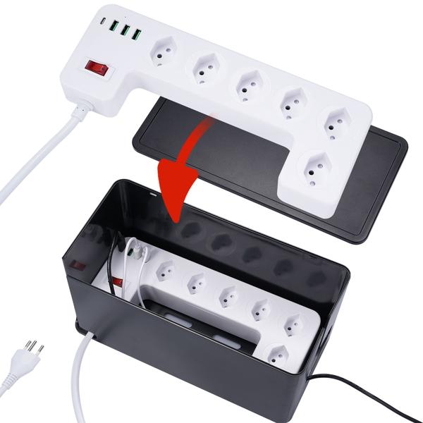 6-socket power strip with ingenious cable box black (CH): 3x USB-A, USB-C, 15W - Ideal for tidy charging & secure power supply