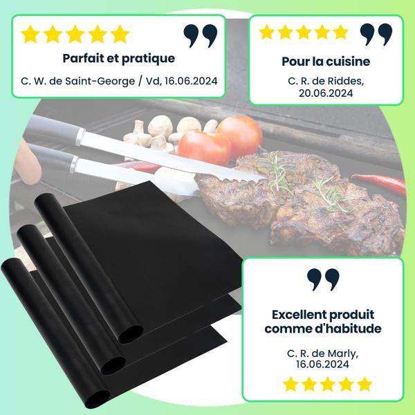 3 tapis de cuisson antiadhésifs en fibre de verre, réutilisables, pour barbecue au gaz, électrique ou au charbon, qualité alimentaire