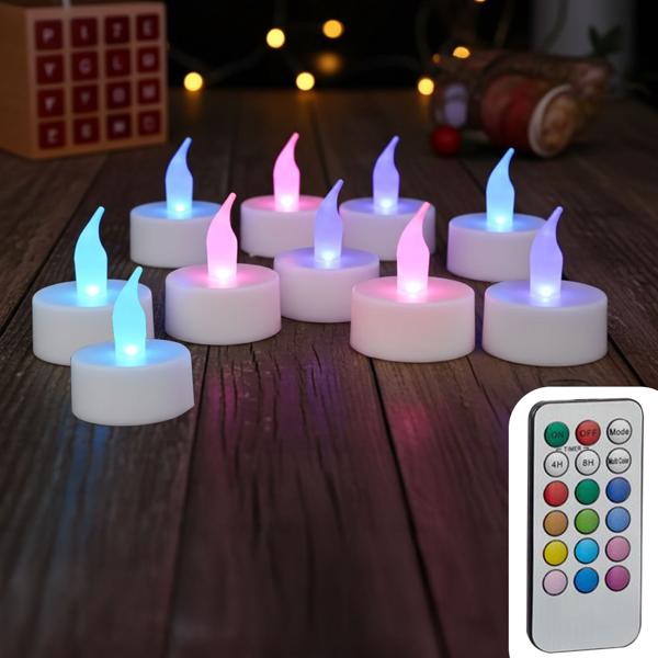 Colorful set of 10 LED tea lights with remote control: 4/8h timer, Ø4cm, incl. batteries, for cozy evenings and ingenious decorations