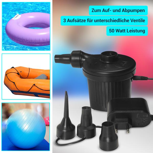 Praktische Elektrische Luftpumpe mit 3 Luftdüsen und Kompressor, 12 V / 230 V, 50 W, für schnelles Aufpumpen von Bällen, Schlauchbooten, Luftmatratzen
