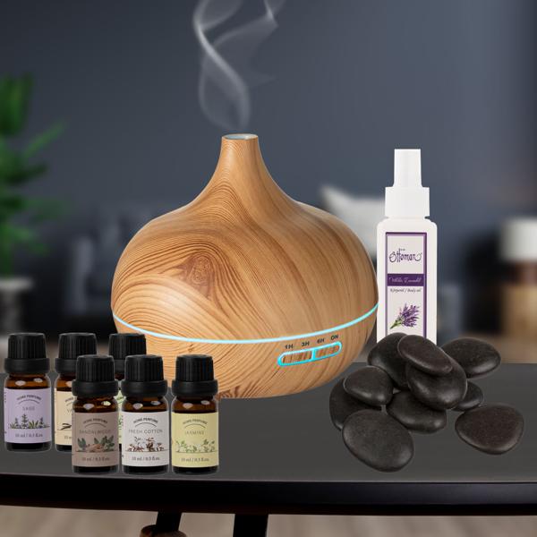 Wellness-Set mit Duftlampe - 6 Düfte, 9 Hot-Stones & Lavendelöl - Aroma-Diffusor mit LED, 100ml Lavendelöl, Massage-Steine
