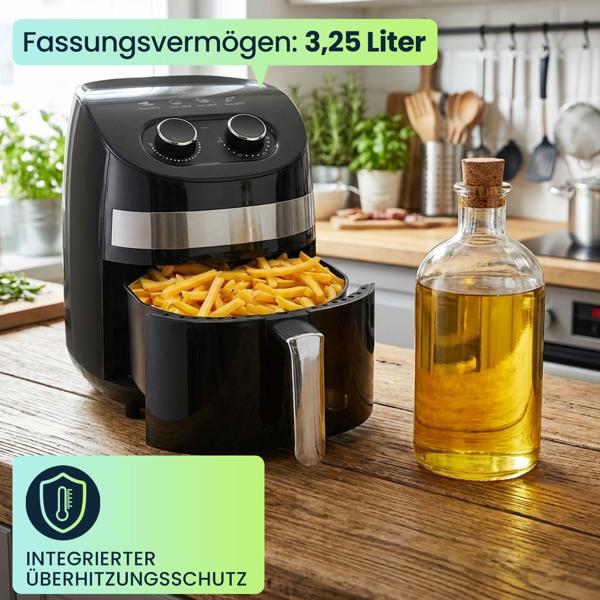 Multifunktions-Heissluftfritteuse, 3,25L, schwarz – Frittieren, Backen, Grillen & Braten, Antihaftbeschichtung, Timer, Cool Touch