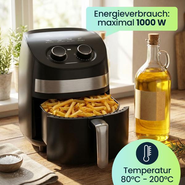 Multifunktions-Heissluftfritteuse, 3,25L, schwarz – Frittieren, Backen, Grillen & Braten, Antihaftbeschichtung, Timer, Cool Touch