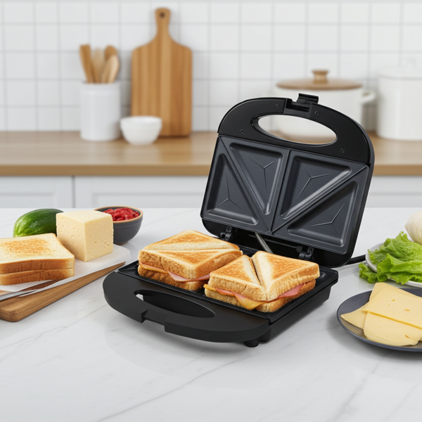 Appareil à croque-monsieur 2 sandwichs - Rapide, pratique & cuisson uniforme - 750W, antiadhésif, noir/argenté, poignée Cool-Touch, compact