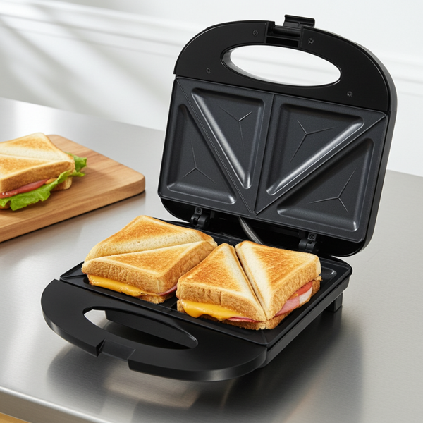 Appareil à croque-monsieur 2 sandwichs - Rapide, pratique & cuisson uniforme - 750W, antiadhésif, noir/argenté, poignée Cool-Touch, compact
