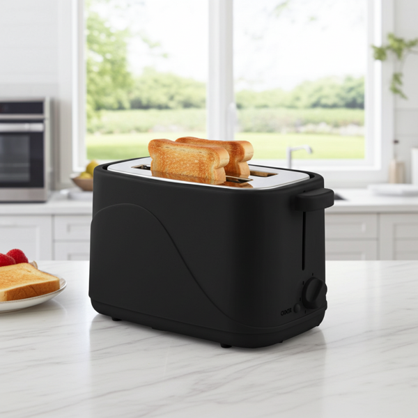 Compact 2-slice toaster with 7 toasting settings and bread roll attachment, 700 watts, elegant matt black, crumb tray