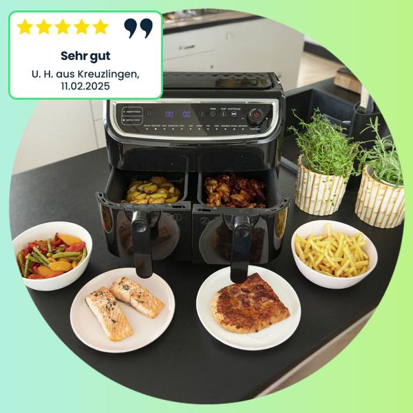 Dual Zone Doppelkorb Heissluft Fritteuse, Air Fryer mit 2 Körben, 9 Liter, 2400 Watt, 12 Programme, 2 Grill Roste, Display, Zeitschaltuhr, PFAS-frei