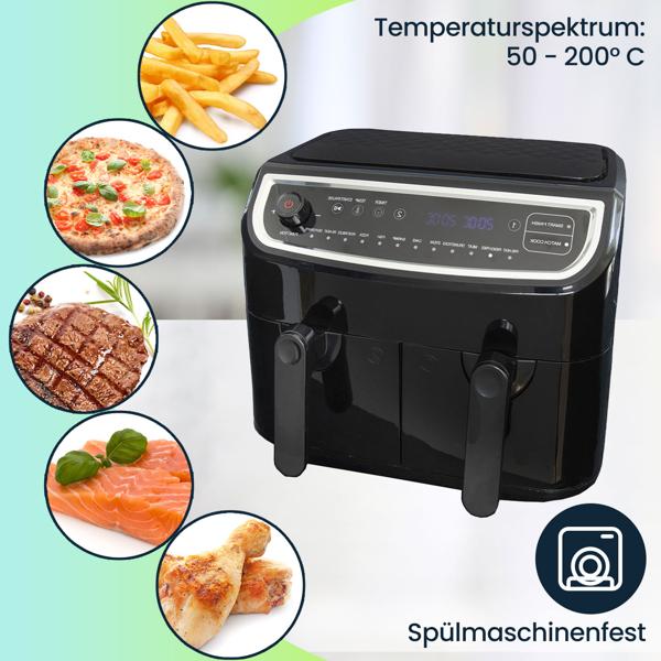 Dual Zone Doppelkorb Heissluft Fritteuse, Air Fryer mit 2 Körben, 9 Liter, 2400 Watt, 12 Programme, 2 Grill Roste, Display, Zeitschaltuhr, PFAS-frei