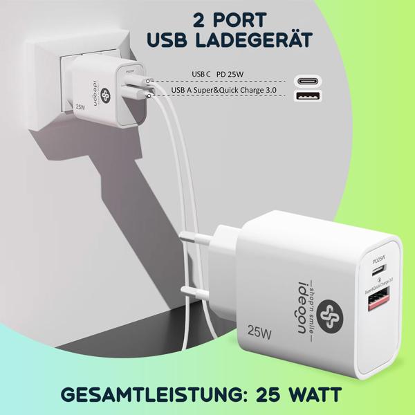 Dual 25Watt USB Ladegerät, 1x USB-C und USB-A, PD- & QC-Netzteil, weiss, Quick Charge für schnelles Laden von iPhone, Samsung, Huawai, Xiaomi