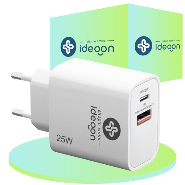 Dual 25Watt USB charger, 1x USB-C and USB-A, PD & QC power supply, white, Quick Charge for fast charging of iPhone, Samsung, Huawai, Xiaomi