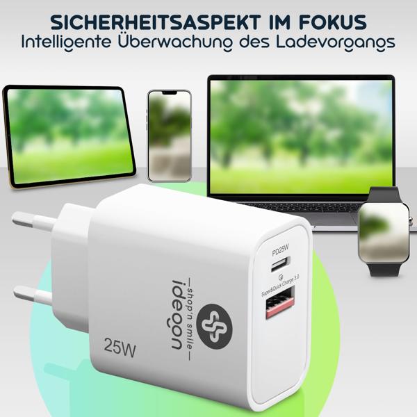 3er-Set Dual 25Watt USB Ladegerät, 1x USB-C und USB-A, PD- & QC-Netzteil, weiss, Quick Charge für schnelles Laden von iPhone, Samsung, Huawai, Xiaomi